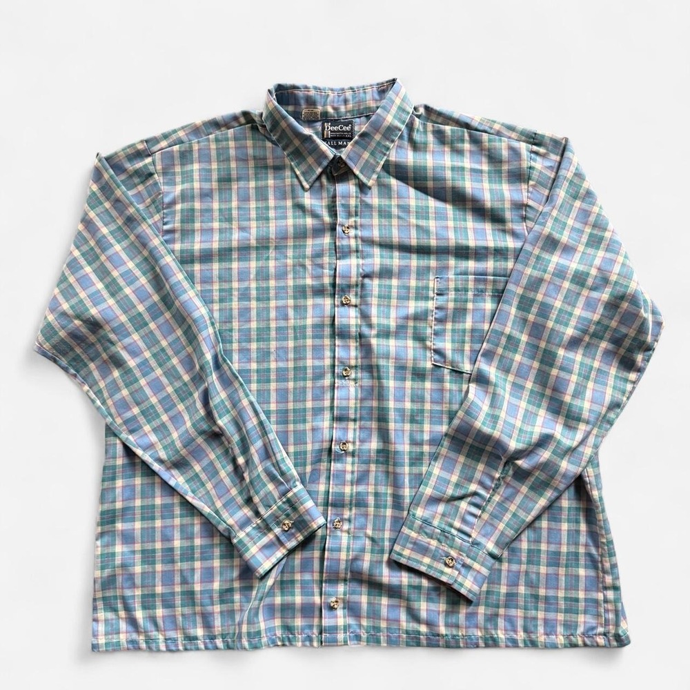 Vintage 80s DeeCee Tall Man blue, green & white plaid button-up shirt, XXL